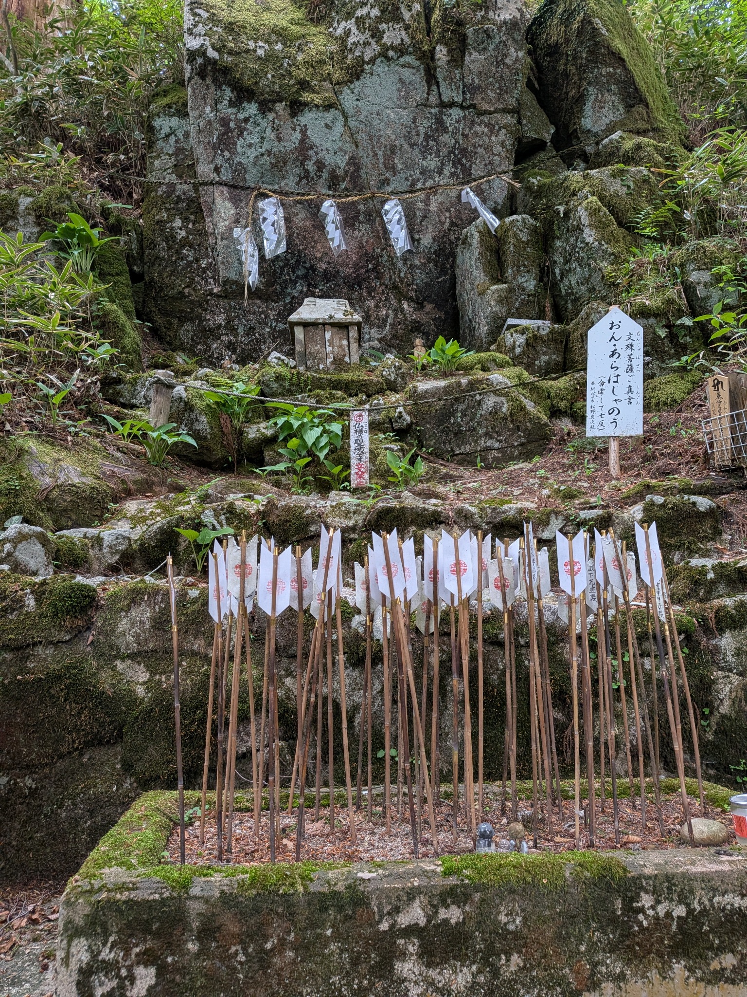 金剛山の山中にある岩場と多数の杖